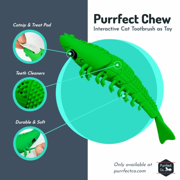 Analysis of Purrfect Chew. It has a catnip pod, it has aspirities to brush teeth and it's soft yet durable. Only available at https://purrfectco.com